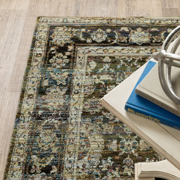 HomeRoots 2' Vintage-Inspired Floral Runner Rug - Timeless Green and Brown Design for Hallways and Entryways 8'6" x 11'7" 383653
