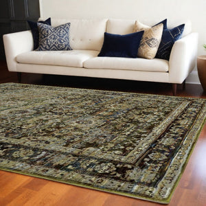 HomeRoots 2' Vintage-Inspired Floral Runner Rug - Timeless Green and Brown Design for Hallways and Entryways 8'6" x 11'7" 383653