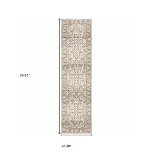 HomeRoots 2' Elegant Beige and Ivory Medallion Runner Rug - Timeless Style for Hallways and Entryways 2'3" x 8' 383656