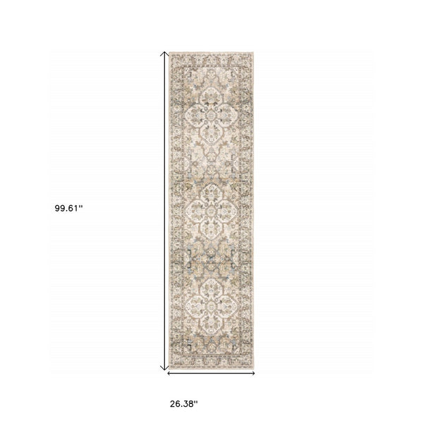 HomeRoots 2' Elegant Beige and Ivory Medallion Runner Rug - Timeless Style for Hallways and Entryways 2'3" x 8' 383656