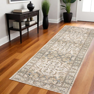 HomeRoots 2' Elegant Beige and Ivory Medallion Runner Rug - Timeless Style for Hallways and Entryways 2'3" x 8' 383656