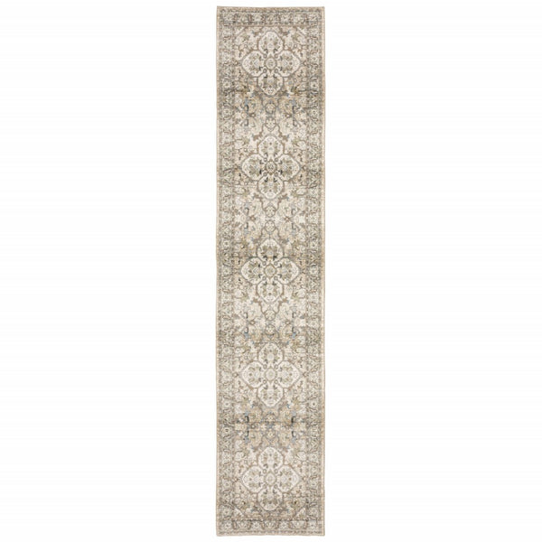 HomeRoots 2' Elegant Beige and Ivory Medallion Runner Rug - Timeless Style for Hallways and Entryways 2'6" x 12' 383657