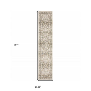 HomeRoots 2' Elegant Beige and Ivory Medallion Runner Rug - Timeless Style for Hallways and Entryways 2'6" x 12' 383657