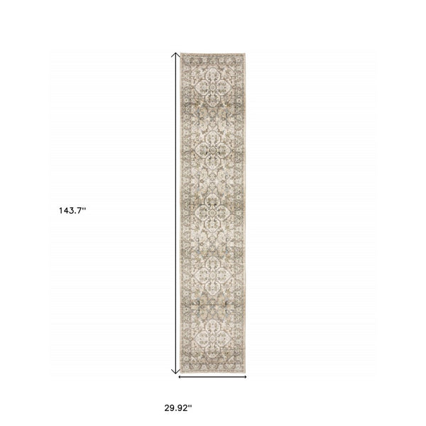HomeRoots 2' Elegant Beige and Ivory Medallion Runner Rug - Timeless Style for Hallways and Entryways 2'6" x 12' 383657