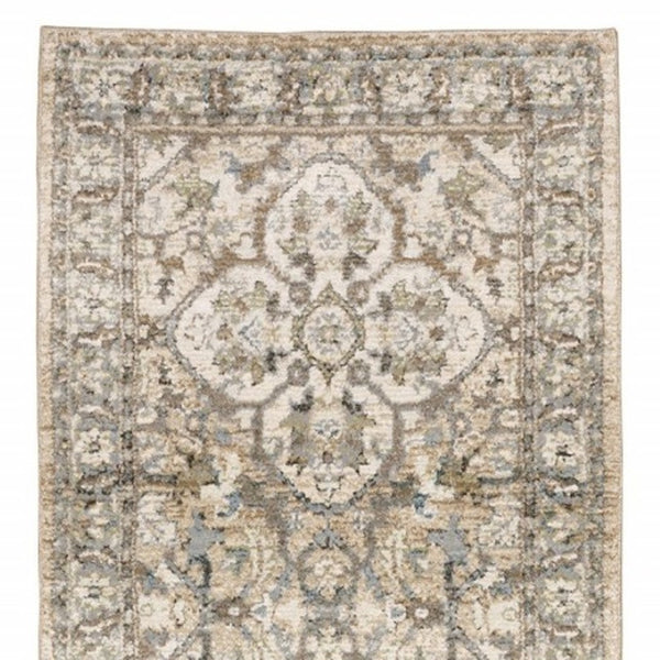 HomeRoots 2' Elegant Beige and Ivory Medallion Runner Rug - Timeless Style for Hallways and Entryways 2'6" x 12' 383657