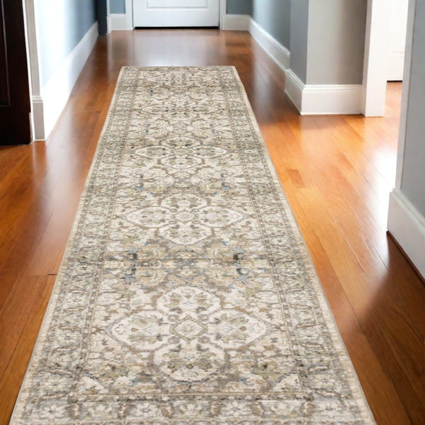 HomeRoots 2' Elegant Beige and Ivory Medallion Runner Rug - Timeless Style for Hallways and Entryways 2'6" x 12' 383657
