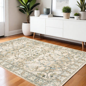 HomeRoots 2' Elegant Beige and Ivory Medallion Runner Rug - Timeless Style for Hallways and Entryways 3'3" x 5'2" 383658