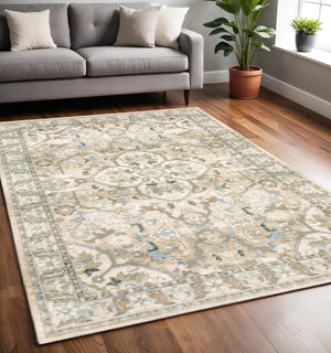 HomeRoots 2' Elegant Beige and Ivory Medallion Runner Rug - Timeless Style for Hallways and Entryways 5'3" x 7'3" 383659
