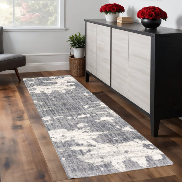 HomeRoots 2' Contemporary Grey and Ivory Distressed Runner Rug - Perfect for Hallways and High-Traffic Areas 2'3" x 7'6" 383664