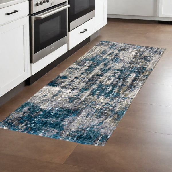 HomeRoots 2' X 8' Gray Skies Runner Rug - Abstract Teal Blue & Cloud Gray Design for Stylish Indoor Spaces 2'3" x 7'6" 383670