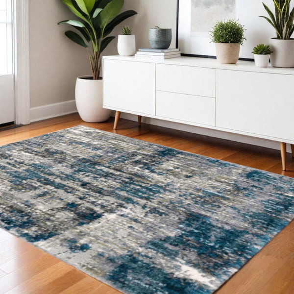 HomeRoots 2' X 8' Gray Skies Runner Rug - Abstract Teal Blue & Cloud Gray Design for Stylish Indoor Spaces 3'10" x 5'5" 383671