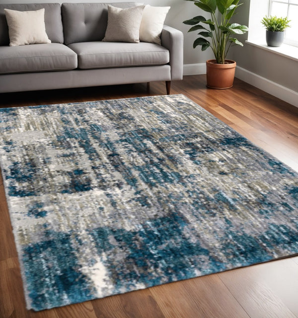 HomeRoots 2' X 8' Gray Skies Runner Rug - Abstract Teal Blue & Cloud Gray Design for Stylish Indoor Spaces 5'3" x 7'6" 383672