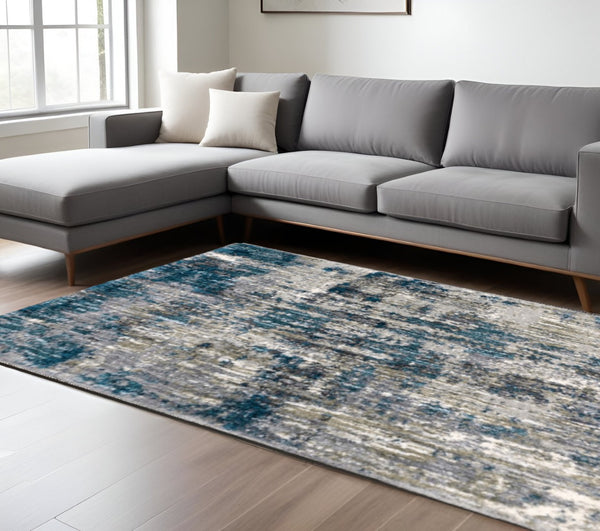 HomeRoots 2' X 8' Gray Skies Runner Rug - Abstract Teal Blue & Cloud Gray Design for Stylish Indoor Spaces 6'7" x 9'6" 383673