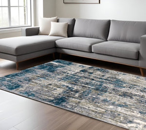 HomeRoots 2' X 8' Gray Skies Runner Rug - Abstract Teal Blue & Cloud Gray Design for Stylish Indoor Spaces 9'10" x 12'10" 383675