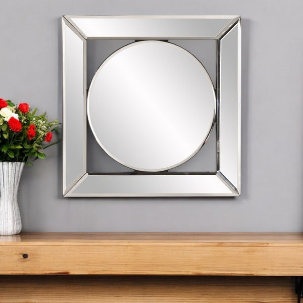 HomeRoots 12" Geometric Round Mirror in Square Frame - Modern Accent for Chic Home Decor & Gallery Walls 383715