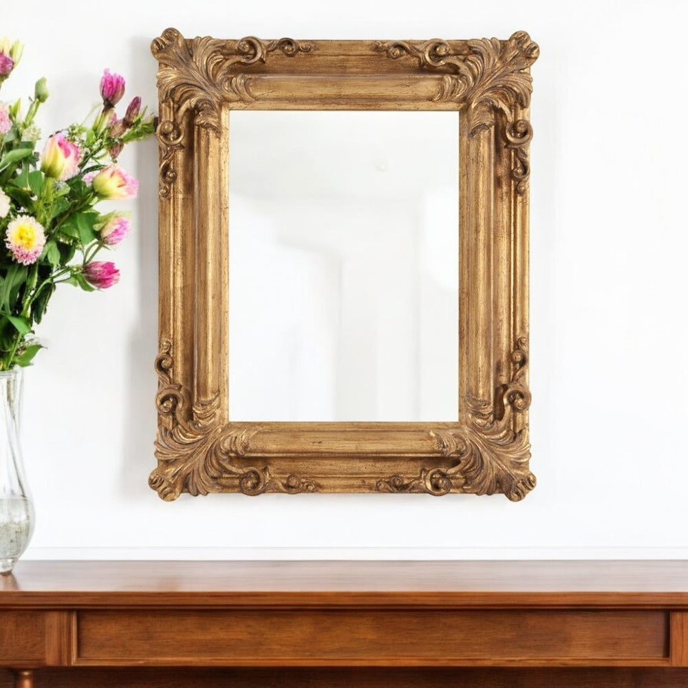 HomeRoots 23" Antiqued Gold Ornate Scroll Accent Mirror - Elegant, Ready-to-Hang, Ideal for Any Room Decor 383719