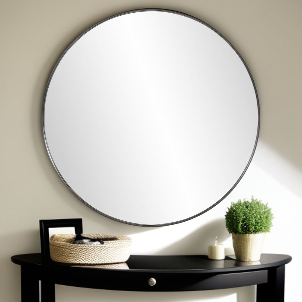 Homeroots 36" Black Round Framed Accent Mirror  Stainless Steel 383728