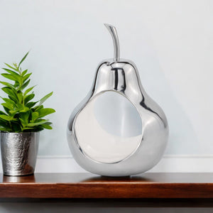 Homeroots 17" Silver And White Cast Aluminum Pear Shaped Accent Bowl   383742
