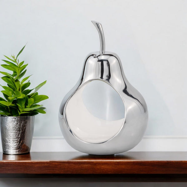 Homeroots 17" Silver And White Cast Aluminum Pear Shaped Accent Bowl   383742