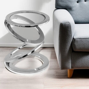 HomeRoots 17" Silver Abstract End Table with Clear Glass Top - Modern Spiral Design for Chic Spaces 383759