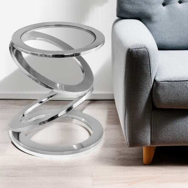 HomeRoots 17" Silver Abstract End Table with Clear Glass Top - Modern Spiral Design for Chic Spaces 383759