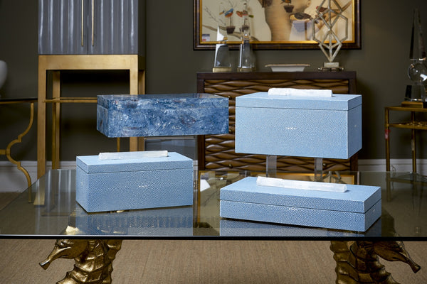 Chelsea House Durham Light Blue Shagreen Jewelry Box With Rock Crystal Handle, Velvet-Lined Tray, 6"X12"X9" 383768