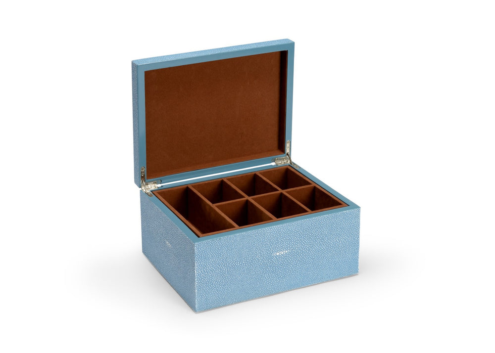 Chelsea House Durham Light Blue Shagreen Jewelry Box With Rock Crystal Knob And Velvet Tray — Elegant Tabletop Organizer 383769