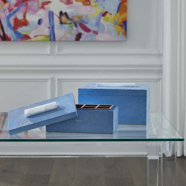 Chelsea House Durham Light Blue Shagreen Jewelry Box With Rock Crystal Knob And Velvet Tray — Elegant Tabletop Organizer 383769