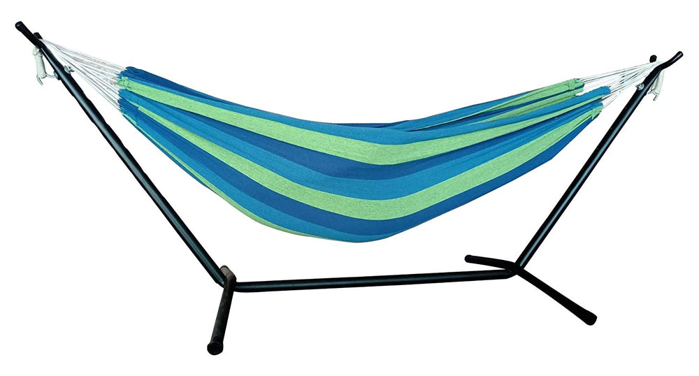 Homeroots Blue And Green Stripe Two Person Hammock With Stand  Steel 383789