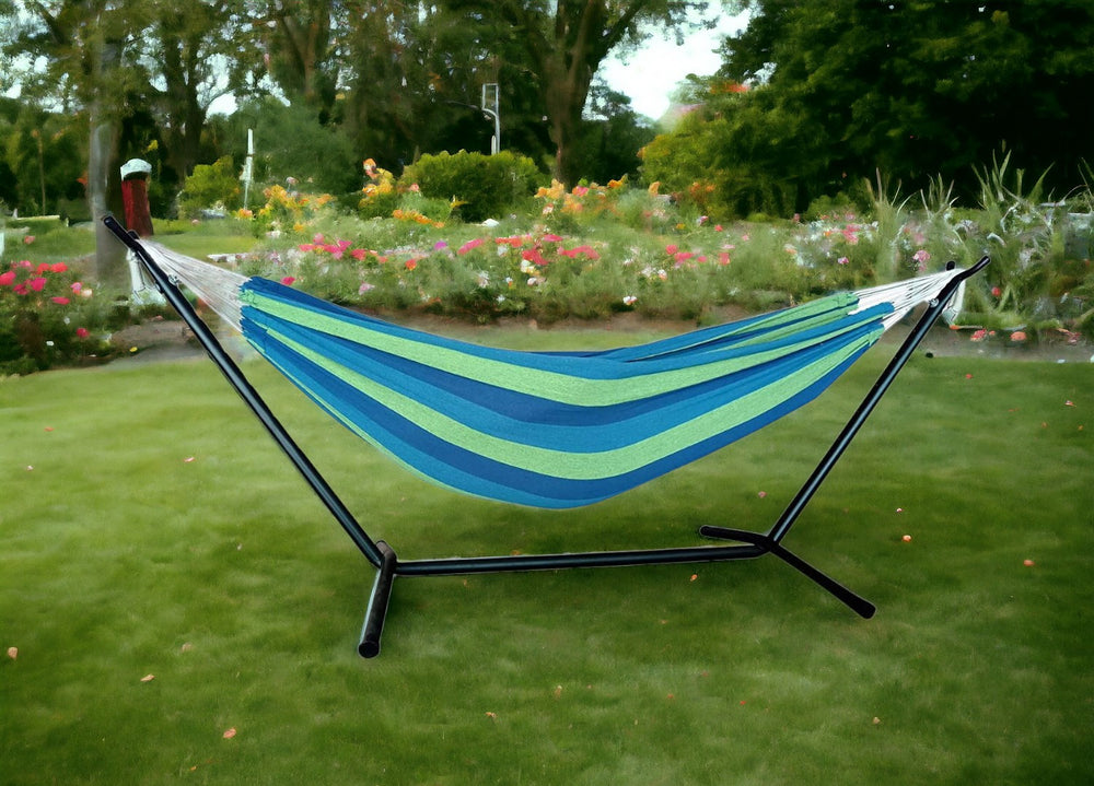 Homeroots Blue And Green Stripe Two Person Hammock With Stand  Steel 383789