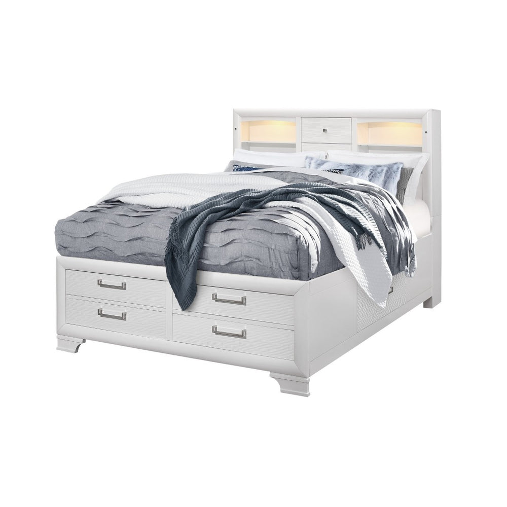 HomeRoots White Solid Wood Bed Frame with Built-in Lighting & Drawers for a Stylish, Organized Bedroom Space 383793