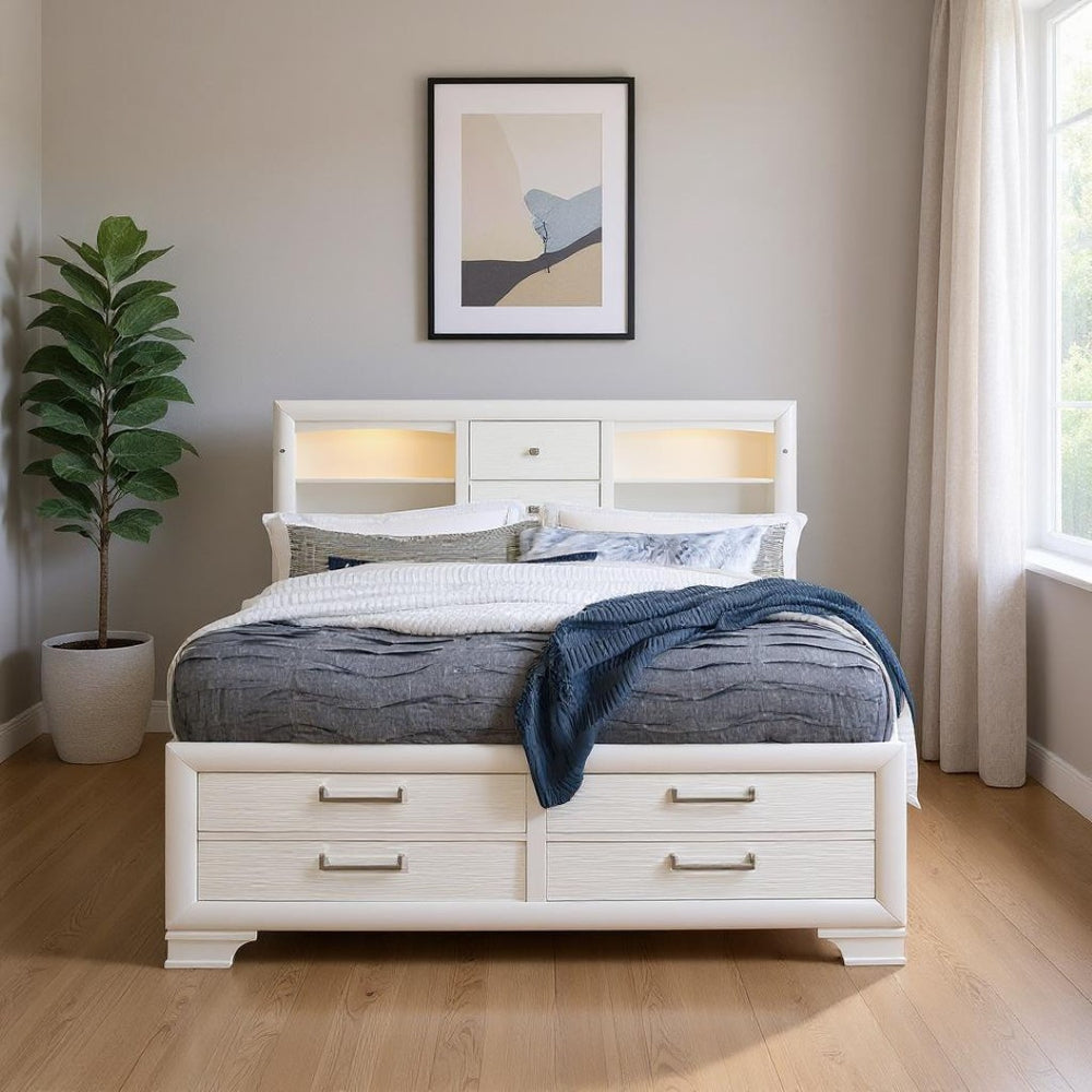 HomeRoots White Solid Wood Bed Frame with Built-in Lighting & Drawers for a Stylish, Organized Bedroom Space 383793