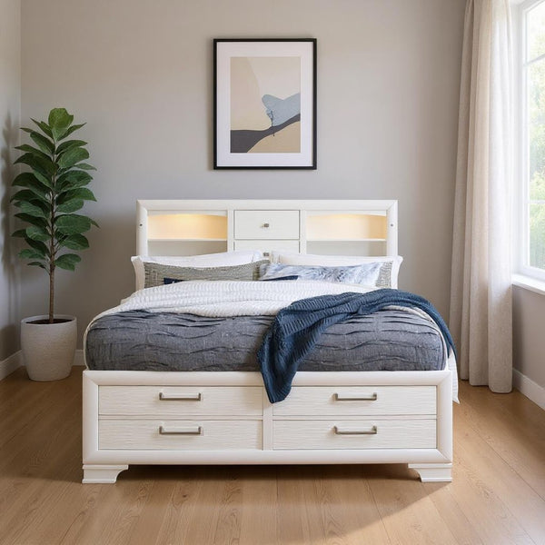 HomeRoots White Solid Wood Bed Frame with Built-in Lighting & Drawers for a Stylish, Organized Bedroom Space 383793