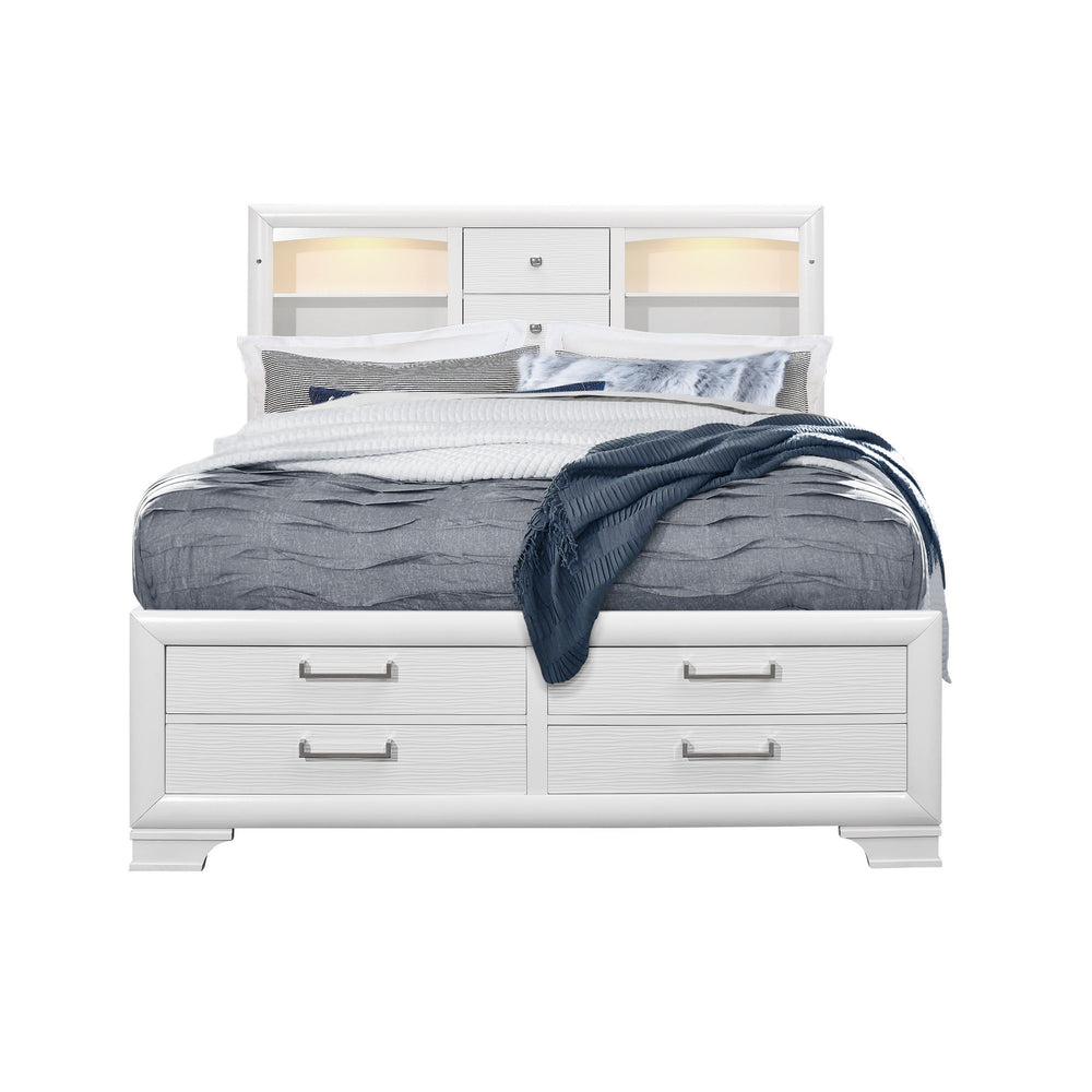 Homeroots Solid Wood King White Eight Drawers Bed  Wood 383795