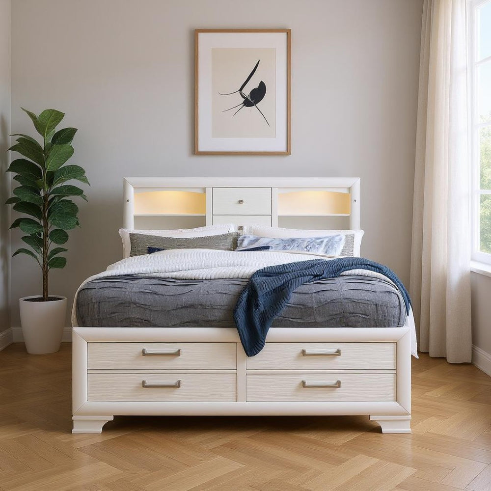 HomeRoots White Solid Wood King Bed Frame with Lighted Headboard and Storage Drawers for Modern Bedrooms 383795