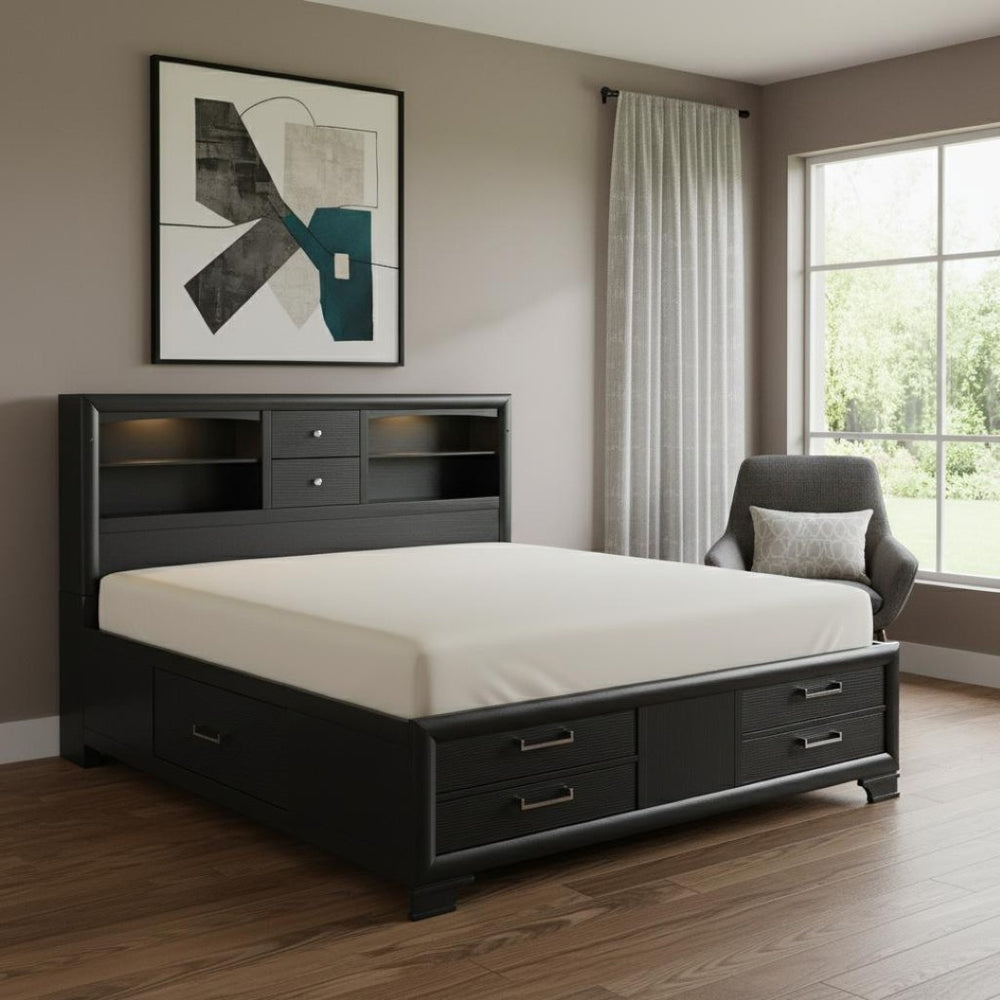 HomeRoots Solid Wood Full Gray Bed with Eight Storage Drawers & Bookcase Headboard for Stylish Bedrooms 383796
