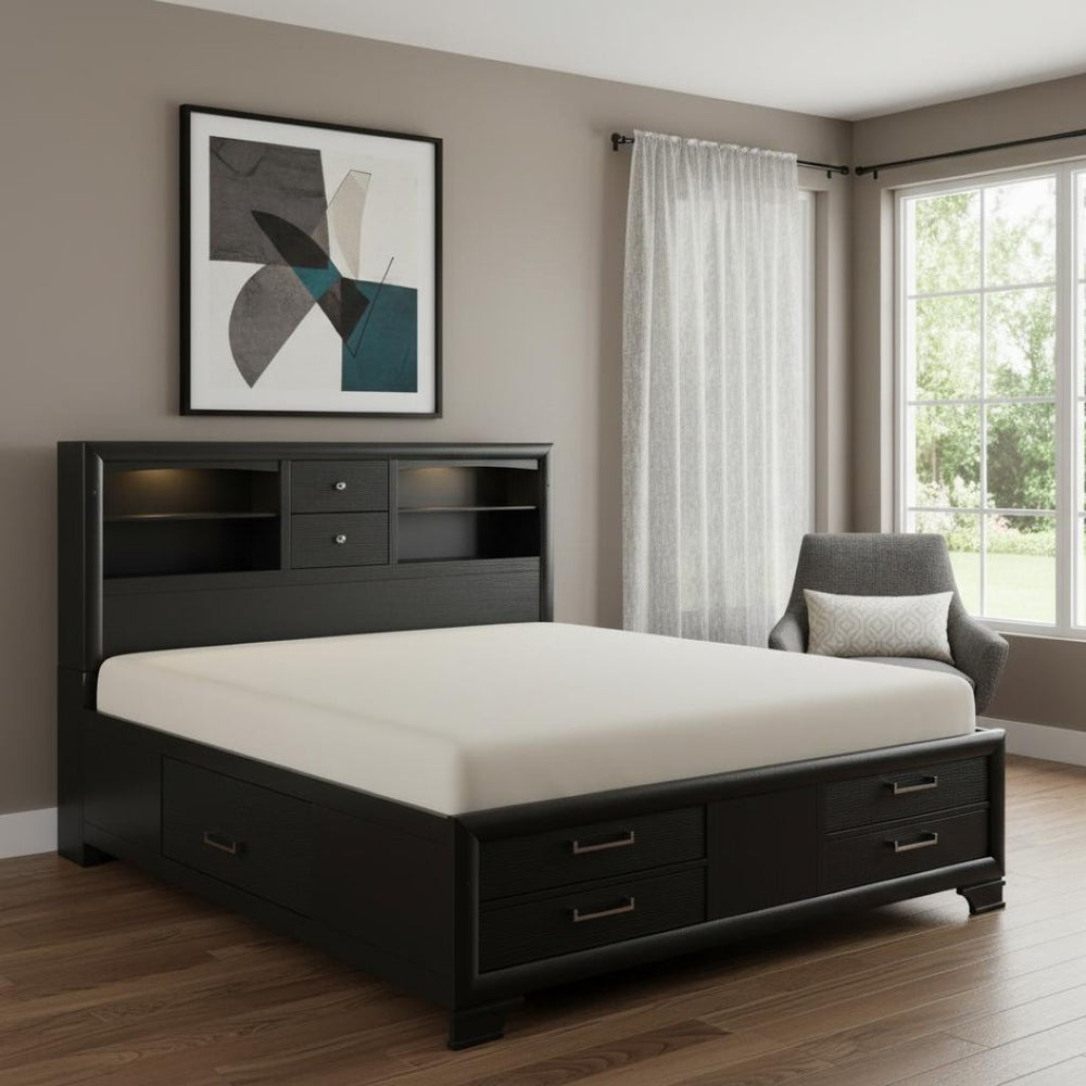 HomeRoots Solid Wood Queen Bed with Bookcase Headboard & 8 Drawers - Stylish, Space-Saving Storage Solution! 383797