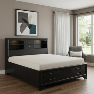 HomeRoots Solid Wood Queen Bed with Bookcase Headboard & 8 Drawers - Stylish, Space-Saving Storage Solution! 383797