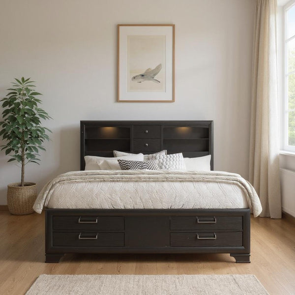 HomeRoots Solid Wood King Bed with Eight Drawers, Bookcase Headboard & Modern Gray Finish for Cozy Storage 383798