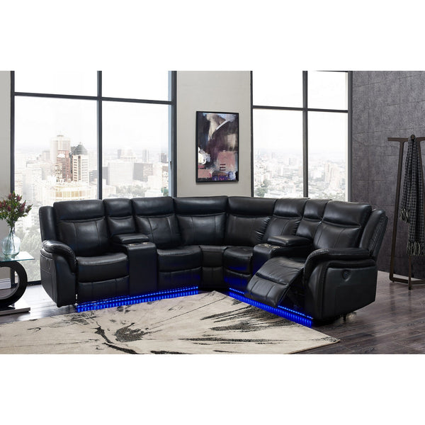 Homeroots Black Polyester Blend Power Reclining L Shaped Three Piece Corner Sectional With Console   383800