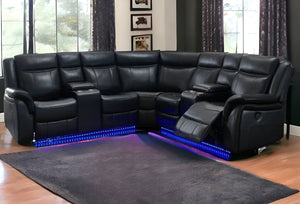 Homeroots Black Polyester Blend Power Reclining L Shaped Three Piece Corner Sectional With Console   383800