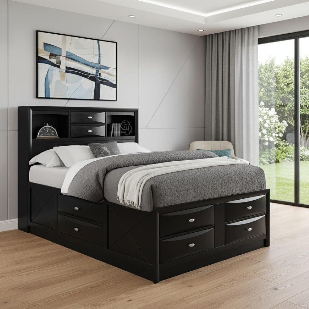 HomeRoots Solid Wood Full Black Bed with 8 Drawers, Bookcase Headboard & Sturdy Platform for Modern Storage 383801