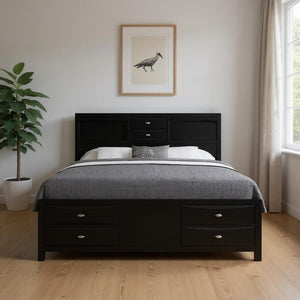 HomeRoots Black Carved Abstract Solid Wood King Bed Frame with Bookcase Headboard & Integrated Storage Drawers 383803