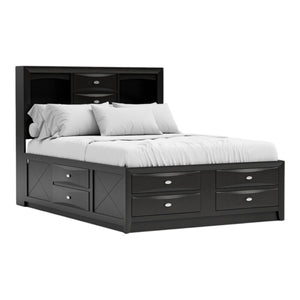 HomeRoots Black Carved Abstract Solid Wood King Bed Frame with Bookcase Headboard & Integrated Storage Drawers 383803