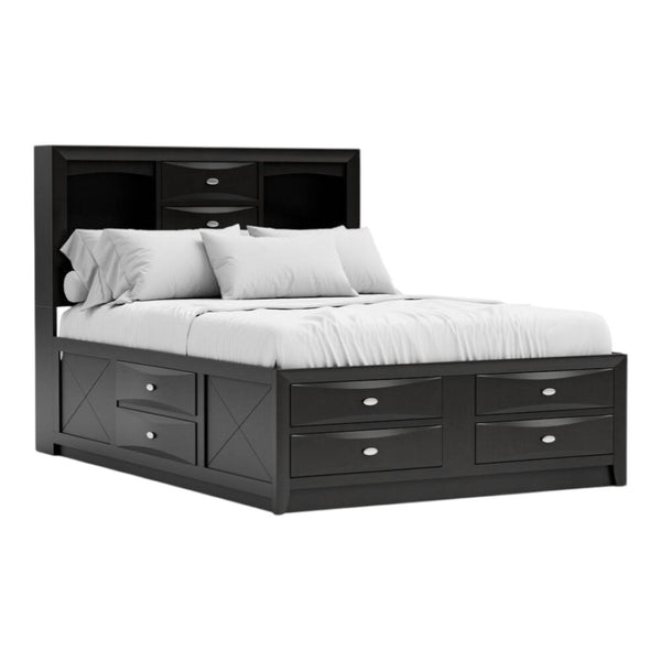 HomeRoots Black Carved Abstract Solid Wood King Bed Frame with Bookcase Headboard & Integrated Storage Drawers 383803