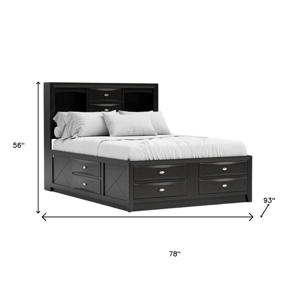 HomeRoots Black Carved Abstract Solid Wood King Bed Frame with Bookcase Headboard & Integrated Storage Drawers 383803