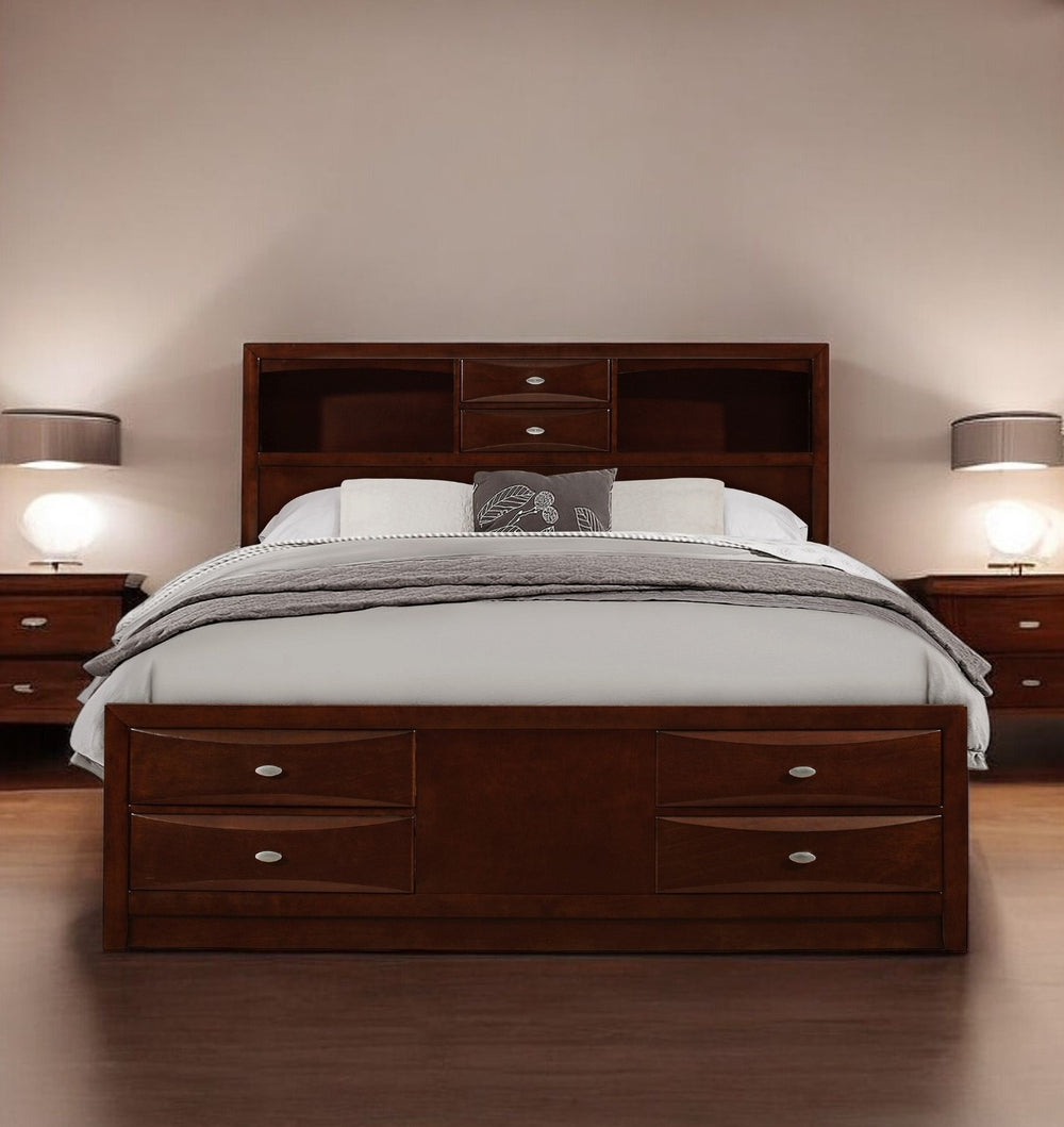 Homeroots Solid Wood Queen Merlot Eight Drawers Bed  Wood 383805