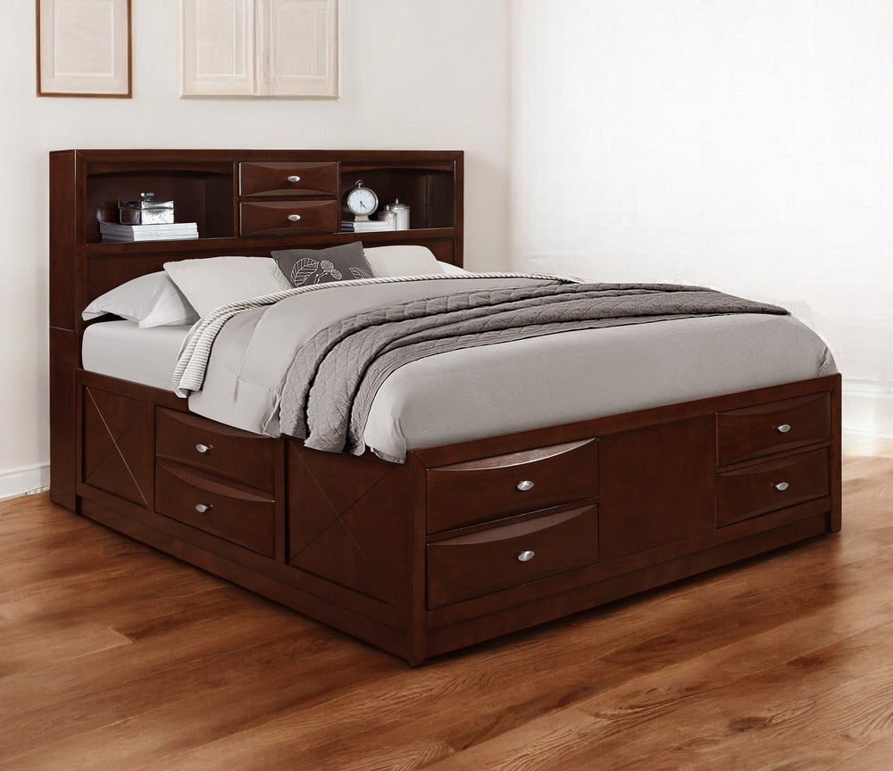 Homeroots Solid Wood King Merlot Eight Drawers Bed  Wood 383806