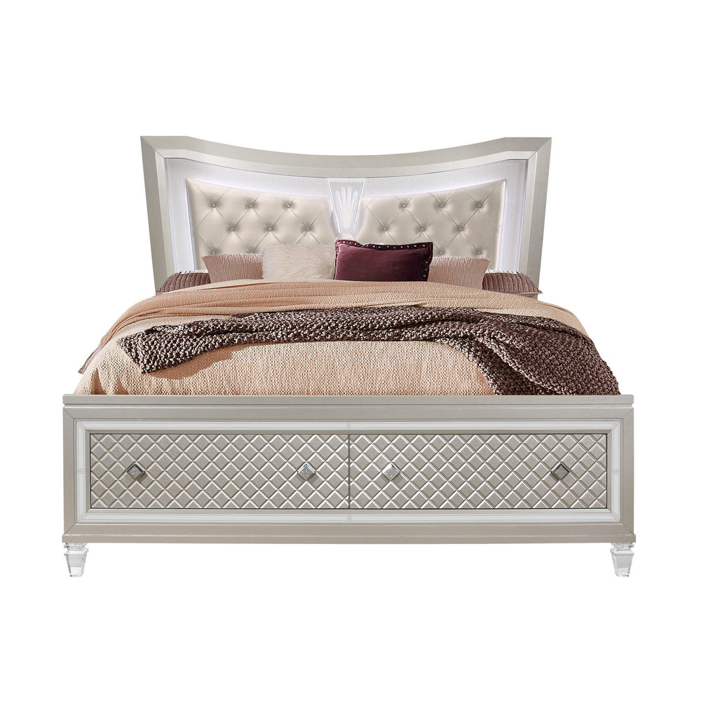 Homeroots Champagne Tone Queen Bed With Padded Headboard  Led Lightning  2 Drawer  Wood 383810
