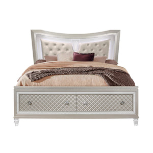 Homeroots Champagne Tone Queen Bed With Padded Headboard  Led Lightning  2 Drawer  Wood 383810